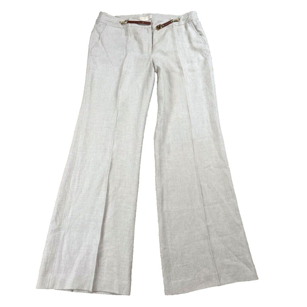 Michael Kors Linen Dress Pants Women Size 14 (38x35) Beige Wide-Leg Belt Office